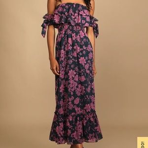 Lulus Love and Blooms Navy Blue Floral Print Off-the-Shoulder Dress